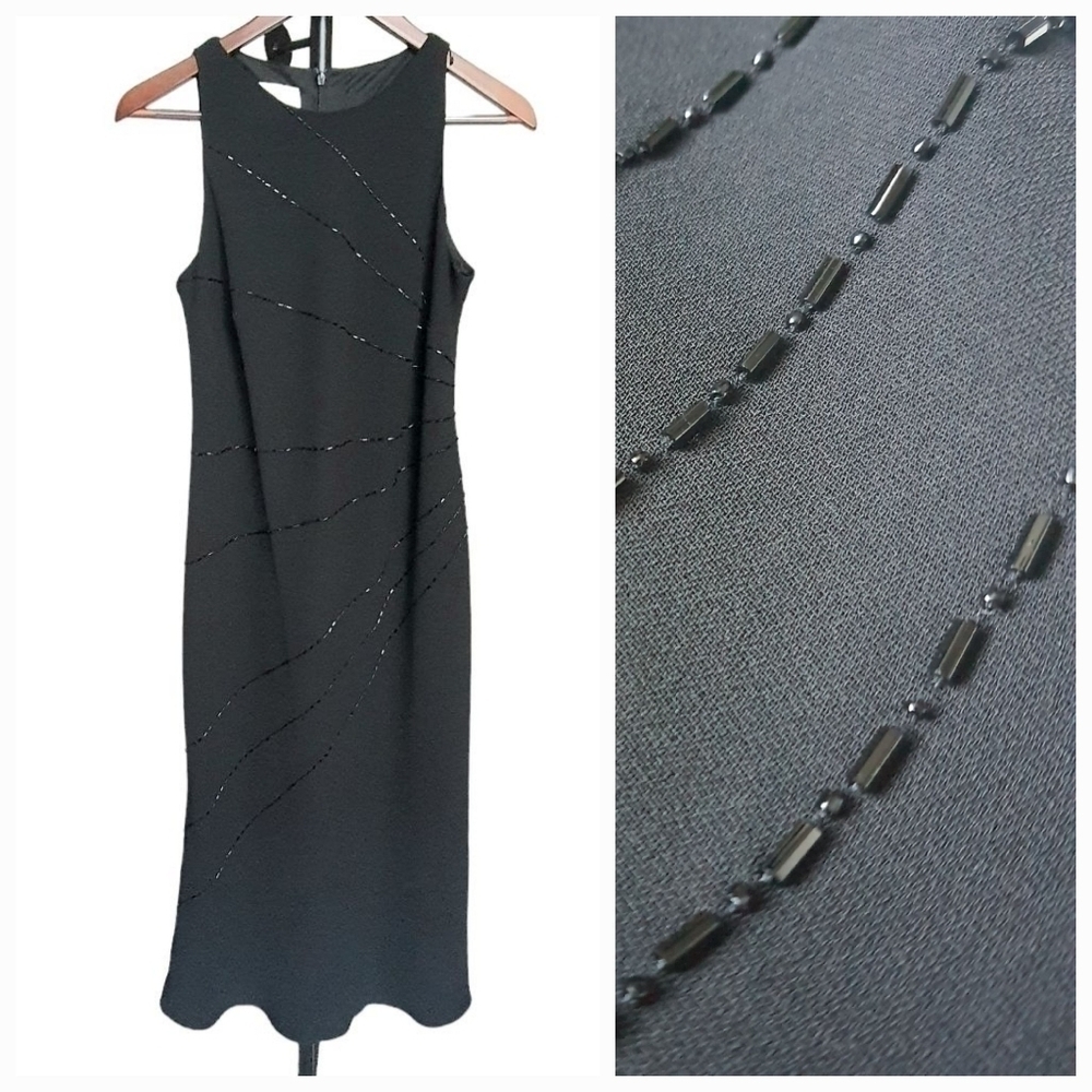 Jones New York Sleeveless Beaded Maxi Sheath Dress, Black, Size 10 Round Neck